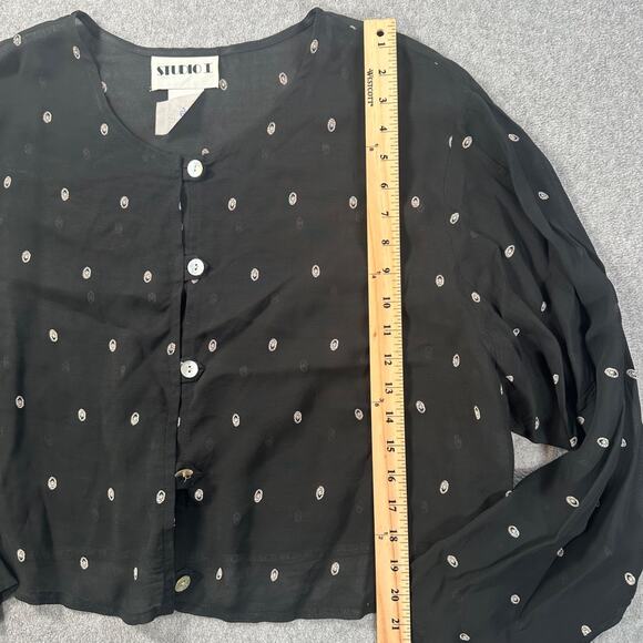 Studio I Vintage Sheer Cropped Blouse Womens 24W Black Dotted Long Sleeve Button - Picture 4 of 5
